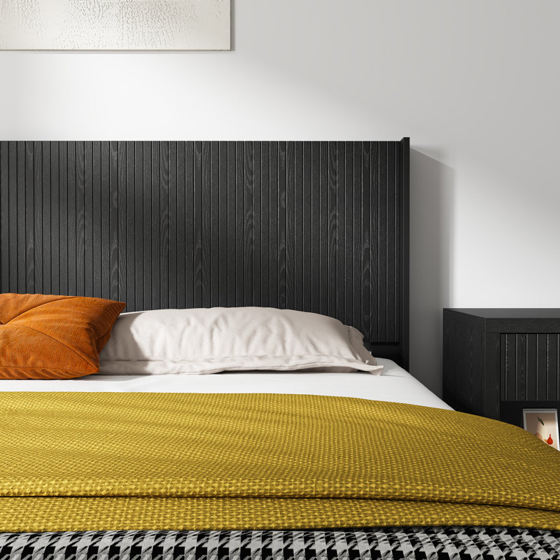 Tête de lit de 80,2 po de largeur - construction en bois, tête de lit moderne, fixation murale avec panneau cannelé, style à oreilles, finition chêne noir, apparence réelle élégante, design 3D contemporain, confortable, rapide