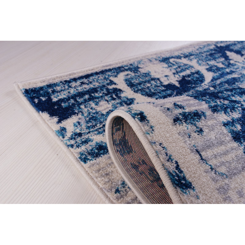Bleu oriental/tapis décoratif gris SantaFe, Rectangle, de 3 pi 11 po x 5 pi 10 po