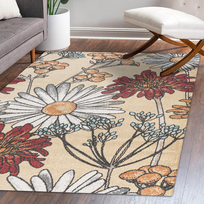 Dizi Modern Botanical Wildflower Yellow/Ivory/Red Rug, Rectangle 5'3" x 8'