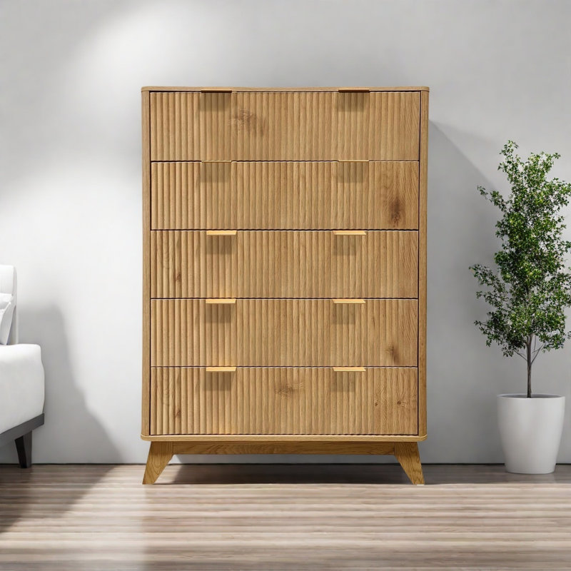 Tall Dresser, Wood Chest of Drawers, 5 Drawer Waveform Fluted Panel Dresser, Modern Dressers for Storage Drawers Clothes, for Living Room, Kids Bedroom, Nursery Hallway Closet 
