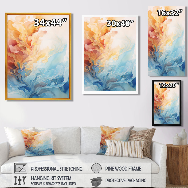 Aquarelle, nuages, dans, orange, bleu, -, encre liquide, abstrait, art mural, salon, Toile tendue, H 32 po x l 24 po