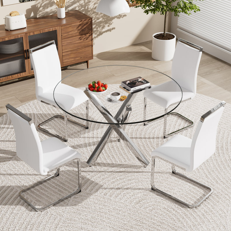 Ensemble de table de salle à manger, table ronde en verre trempé et 4 chaises rembourrées., 5, Blanc / Blanc