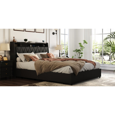 Structure de lit double avec tête de lit ergonomique, prises de courant et rangement, métal, silencieux, noir, aucun sommier tapissier requis, tête de lit de chambre à coucher de taille innovante et bruit, ressort, organisation