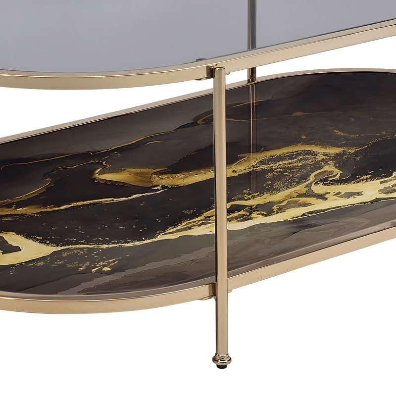 Table basse, verre, peinture marbrée noire et finition dorée
