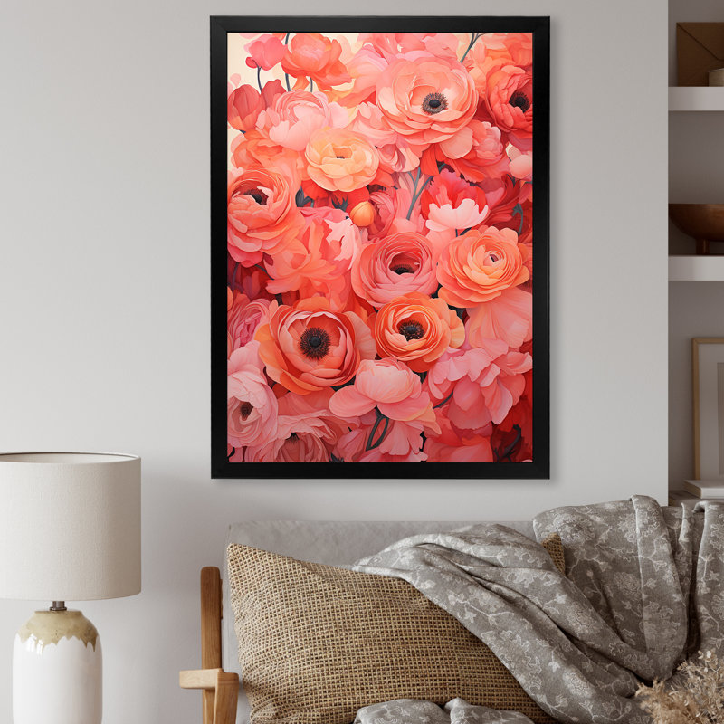 Coral Ranunculus Radiant Beauties - Ranunculus Wall Art, Black Single Picture Framed, 44" H x 34" W x 1.5" D