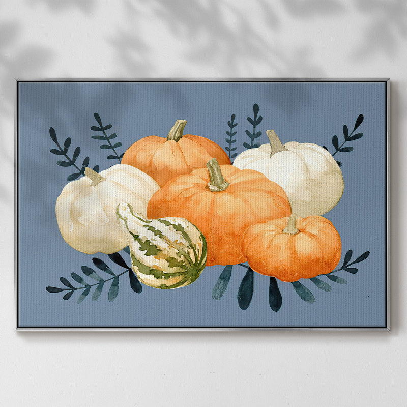 Automne orange et bleus, toile tendue avec châssis en I, H 25 po x l 37 po x P 2 po, Argent