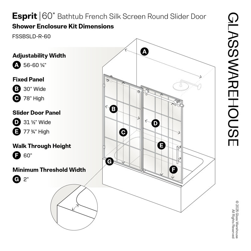 Esprit 56 in. - 60 in. x 60 in. French Monture Sliding Bathtub Door, Right Hand