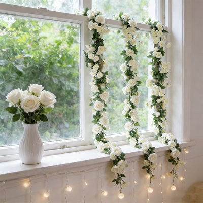 3-Piece White Artificial Rose Garland Decorations - 1.83m/6ft Vine, 69 Blooms Each, 1.2" Flowers, Wedding Party Backdrop Wall Hanging, Home Hotel Office Garden Craft Art Decor