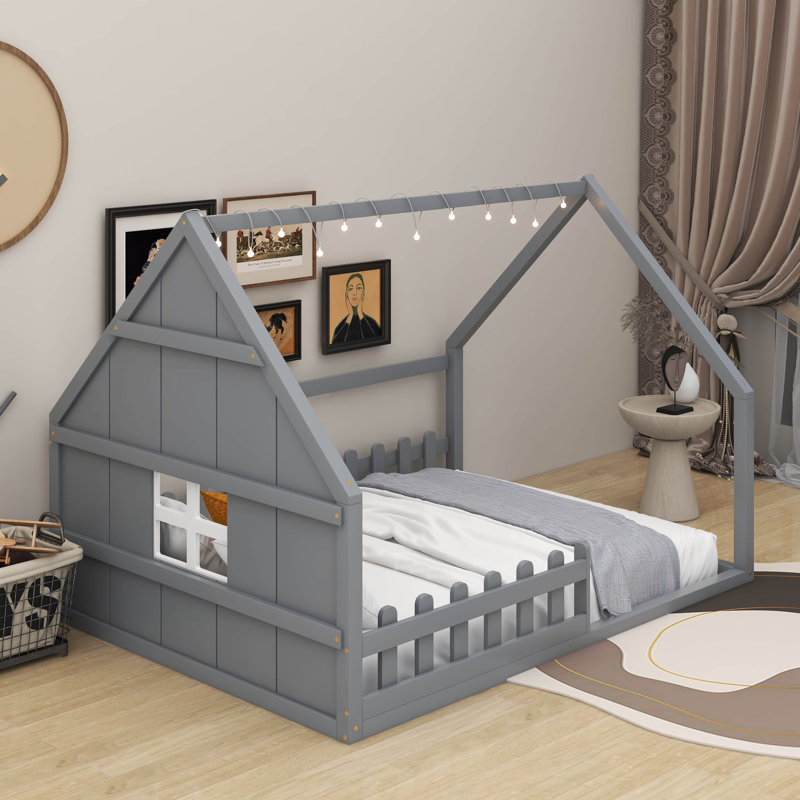 Lit double en bois avec clôture, Gris