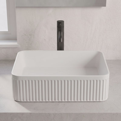 20 in. Rectangular Ceramic Bathroom Vessel Sink with Striped Texture in White