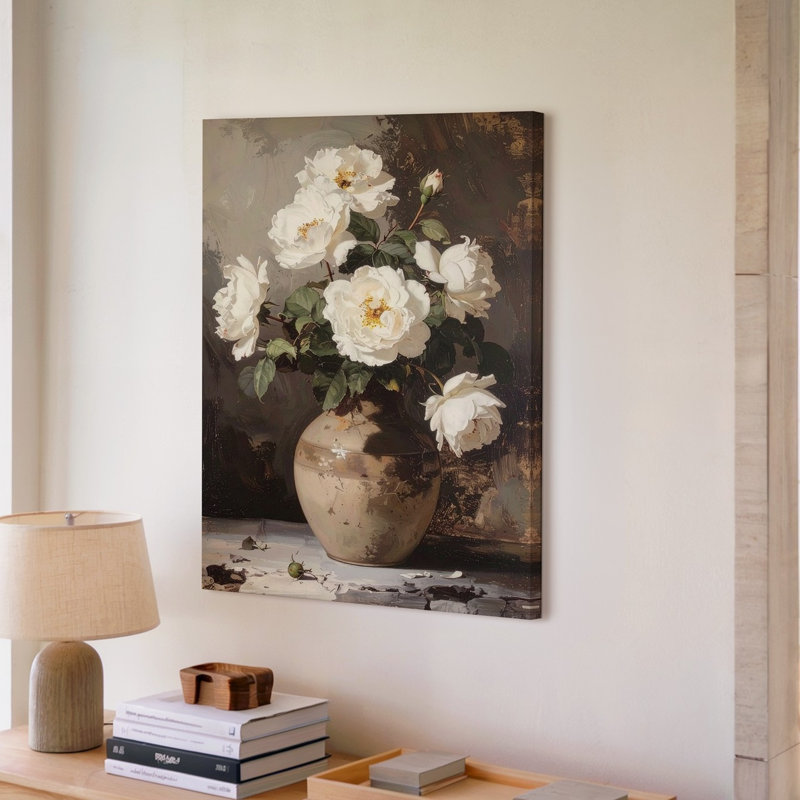 «Timeless Rose Still Life», roses blanches classiques dans un vase en argile rustique, art mural sur toile, prêt à accrocher