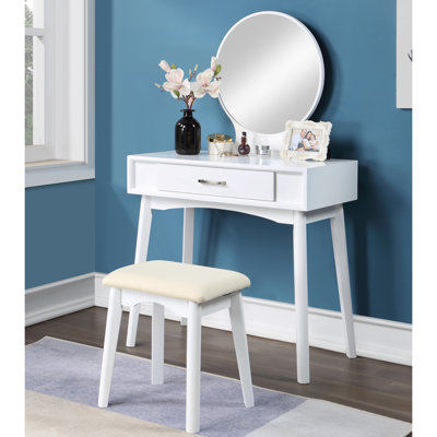Coiffeuse et tabouret contemporains en bois blanc - Élégante et raffinée, cette table avec miroir et tiroir en bois d'hévéa massif vous offre un confort optimal et une expérience de maquillage élégante.