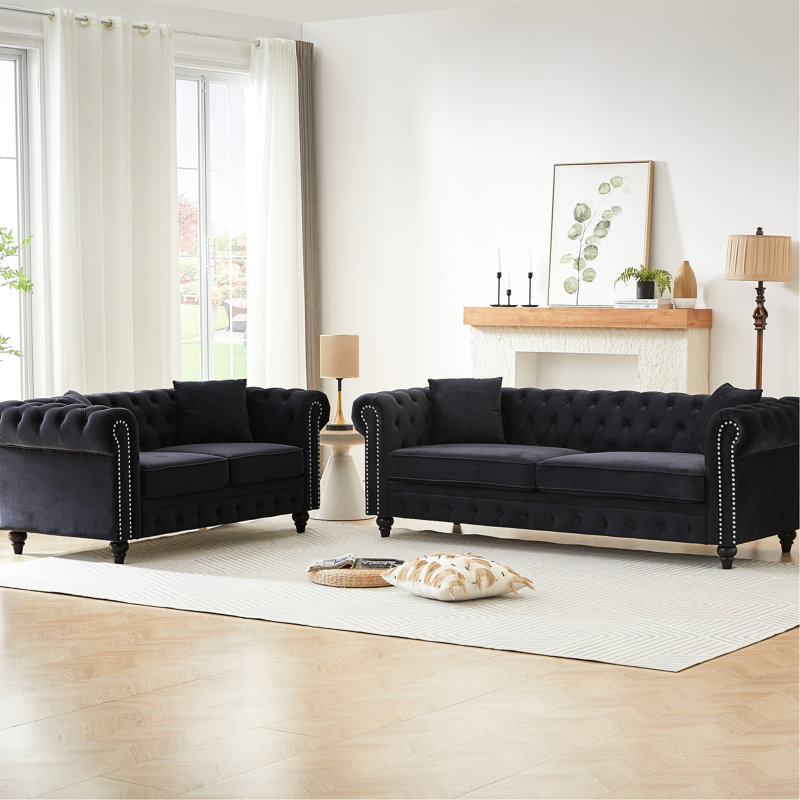 Chaise 5 places moderne en velours avec finitions artisanales, coussins confortables en mousse à ressorts, boutons d'inspiration vintage, pieds en bois brun