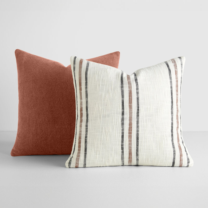 2-Pack Yarn-Dyed Patterns Decor Throw Pillows in Yarn-Dyed Framed Stripe / Solid, Orange/Black/Orange Striped