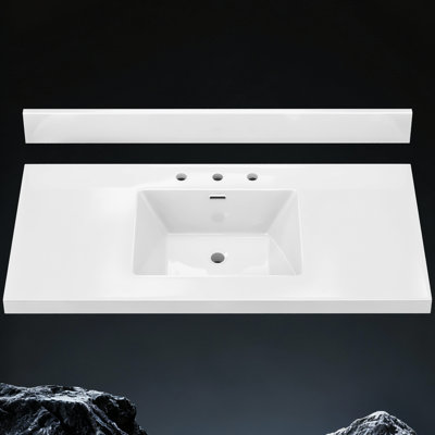 48" Solid Surface Vanity Top with Center Integrated Sink White Bathroom Countertop with 3.5" Backsplash & 3 Pre Drilled Holes for 8" Widespread Faucet
