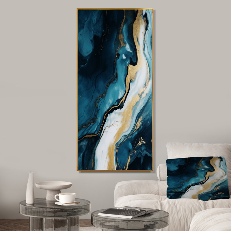 Décoration murale dorée et bleue abstraite I - décoration murale en marbre, Cadre flottant doré, H 32 po x l 16 po x P 1 po