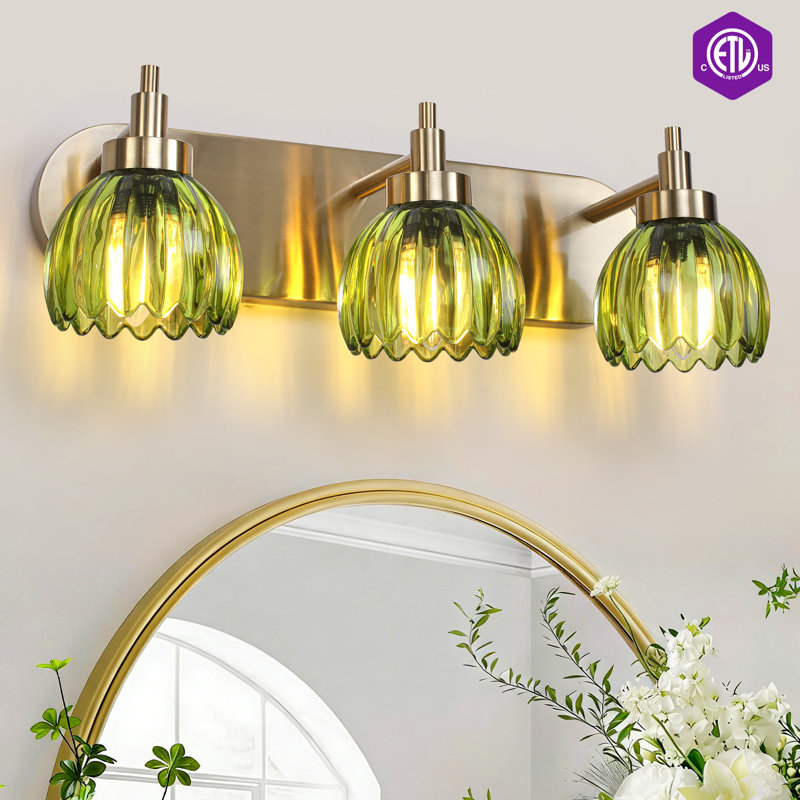 3-light Vintage Vanity Light With Tulip Green Glass Shades - Bathroom Armed Wall Sconce For Bedroom, Kitchen, Living Room & Washroom