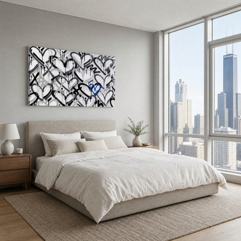 Cœurs graffiti noirs et gris sur toile bleue, L 32 po x H 16 po