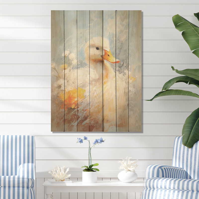 Élégance à plumes de canard blanc et jaune - animal canard sur bois, H 44 po x l 34 po