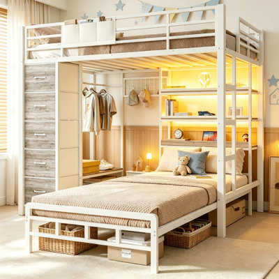 Lit superposé simple au-dessus de simple avec tablettes DEL à 3 niveaux et rangement pour arbre d'entrée