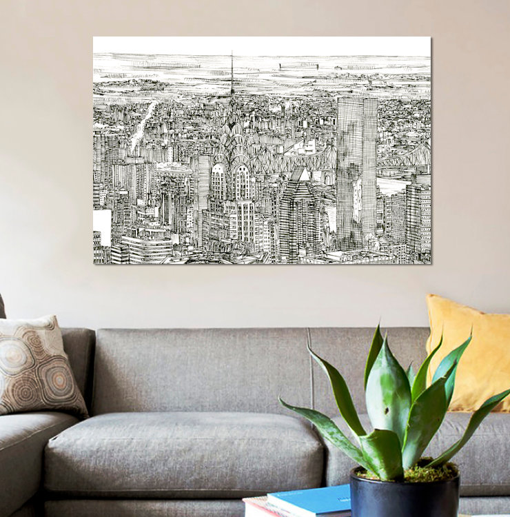 «Skyline Sketch I», reproduction d'art sur toile tendue, H 12 po x l 18 po x P 1,5 po, Pas de tapis, Toile tendue