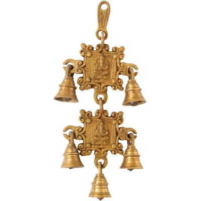 Handmade Brass Ganesha Wall Hanging Bells – 10 Inch Square Panel, Indian Religious Décor, Polished Brass for Doorway, Altar, Meditation Space
