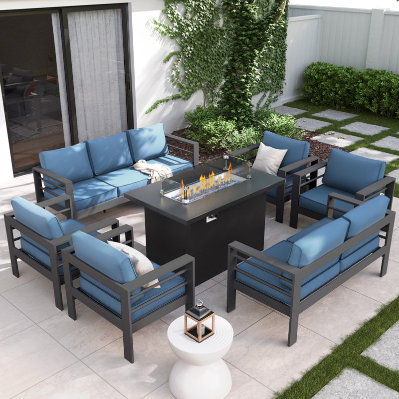 9 - Person Patio Conversation Set with Cushions, Dark Gray, Blue