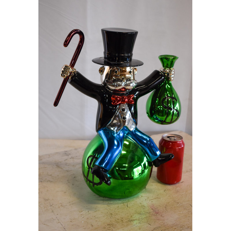 Statue monopole joyeux abstrait et géométrique Altaf assis sur un sac d'argent 12 po x 10 po x H 16 po