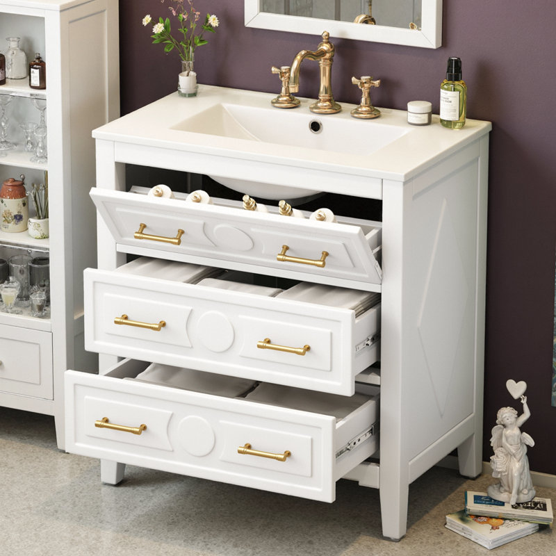 Ensemble de meuble-lavabo 30 po avec lavabo en céramique 30 po et 3 tiroirs, Blanc, Doré