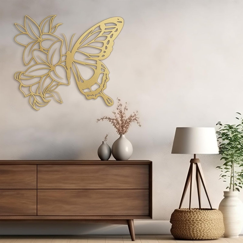 Lilies Butterfly Black Gold Minimalist Modern Abstract Wall Accent Sculpture Hanging Decoration Metal Wall Decor, Gold