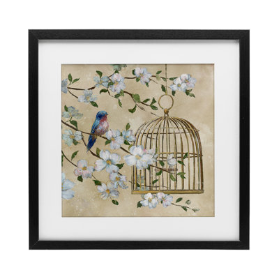 Evening Song Birdcage Over Beige Framed Print Under Glass, design by Nan