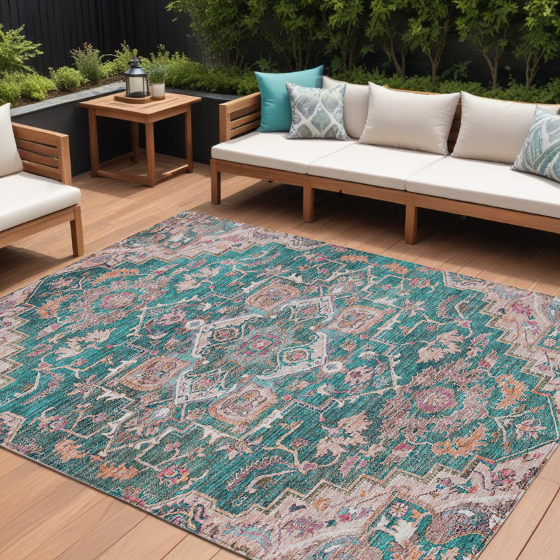 Tapis intérieur / extérieur oriental lavable bleu sarcelle et beige 8 pi x 10 pi Emerald