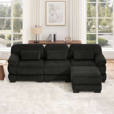 Cloud Couch Oversize L-Shaped Modular Sectional Sofa, 3-Seater Sofa with Ottoman, Comfy Thick Seat Cushions, Breathable Corduroy Fabric, Black for Living Room Bedroom Apartment