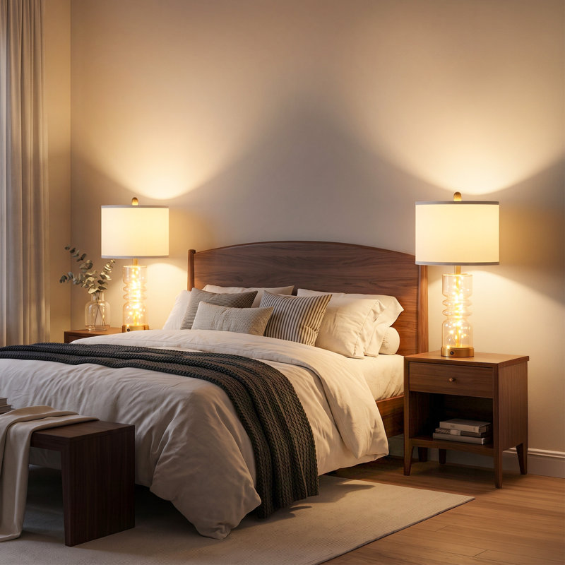 Lampe de chevet en verre multicouche, hauteur 59 cm, guirlande lumineuse intégrée et abat-jour en lin pour un éclairage d'ambiance chaleureux, ports de chargement USB et Type-C pour la chambre ou le salon, cadeau idéal pour les fêtes