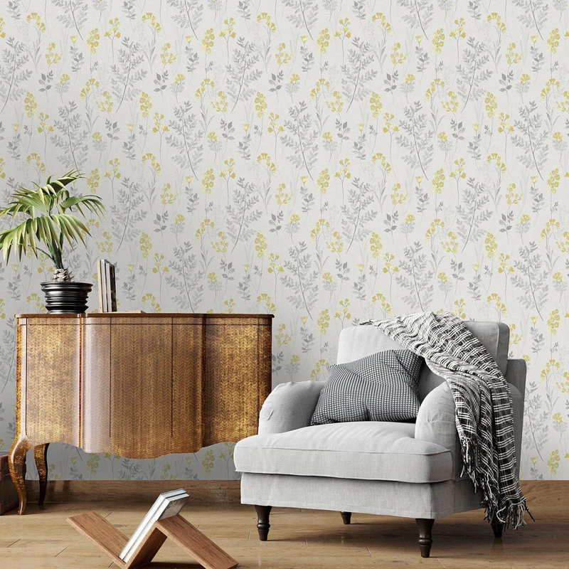 Holden Meadow Floral Wallpaper Trail Ochre Yellow Grey 12895