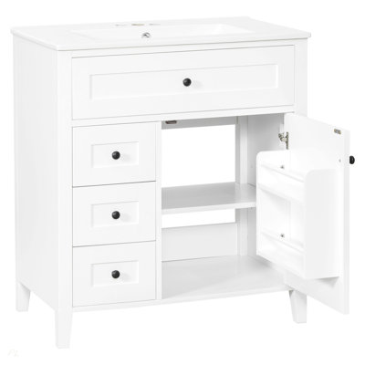 Meuble-lavabo de 30 pouces avec lavabo, panneau de fibres à densité moyenne moderne et bois d'hévéa avec 3 tiroirs et tablette réglable, meuble-lavabo autoportant pour le rangement et l'organisation de la salle de bain
