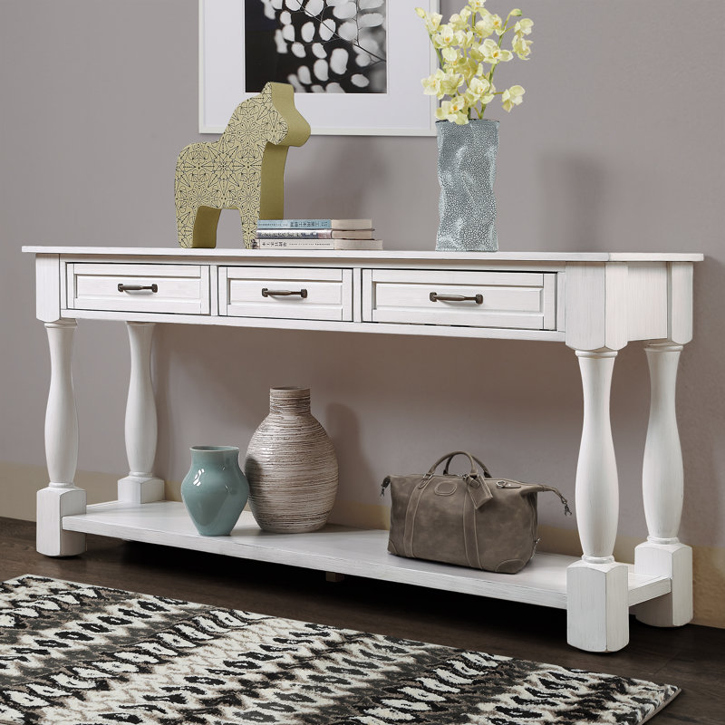 63inch Long Wood Console Table with 3 Drawers and 1 Bottom Shelf Antique White, Antique White Pine