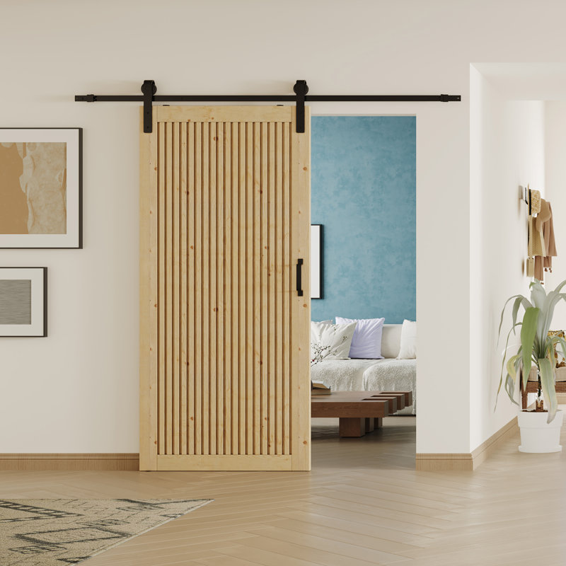 Porte de grange coulissante à panneau de lattes en bois - La porte intérieure en bois massif comprend la trousse de quincaillerie d'installation (assemblage requis)