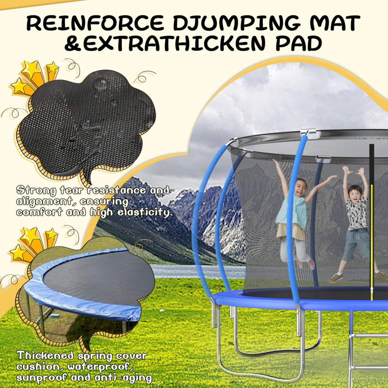 Trampoline d'extérieur rond 12 pi avec filet de sécurité SENCHO GINSYTALIOR 12 pi, capacité de 800 lb, panier de basketball et échelle, trampoline de jardin robuste pour enfants et adultes