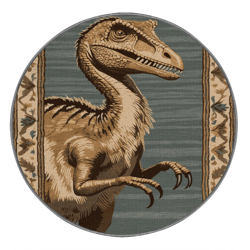Tapis gris dinosaures lavable à la machine, Rond 5 pi