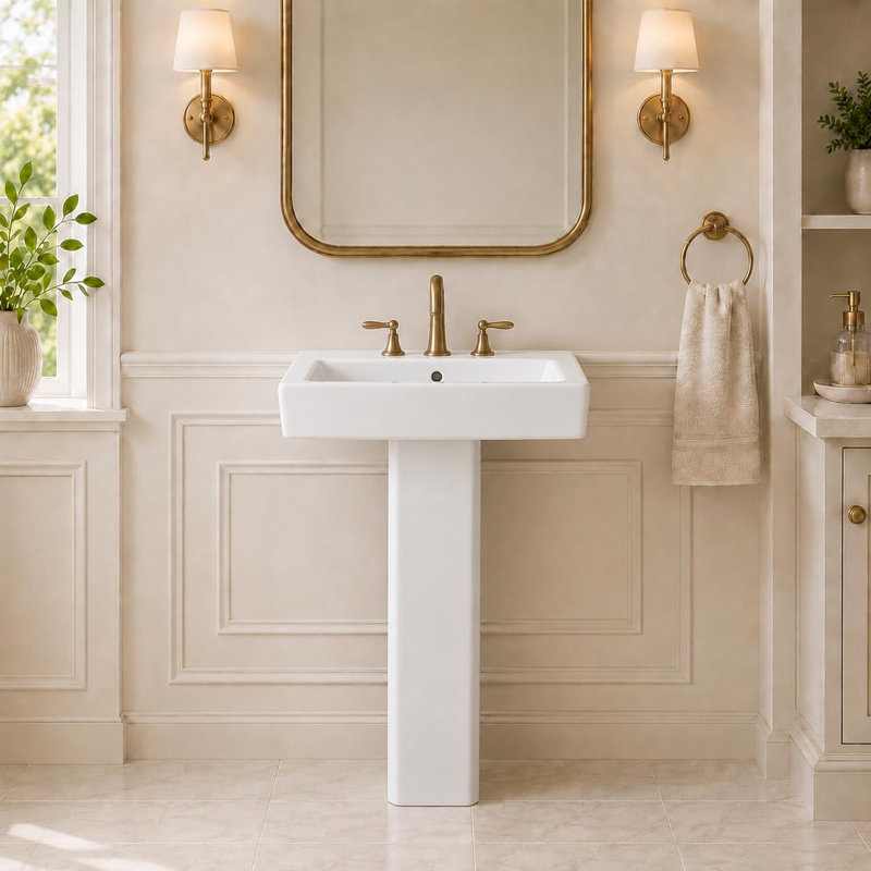 Lavabo carré sur pied en céramique blanche, 10 cm (4 po), 3 trous, style vintage classique