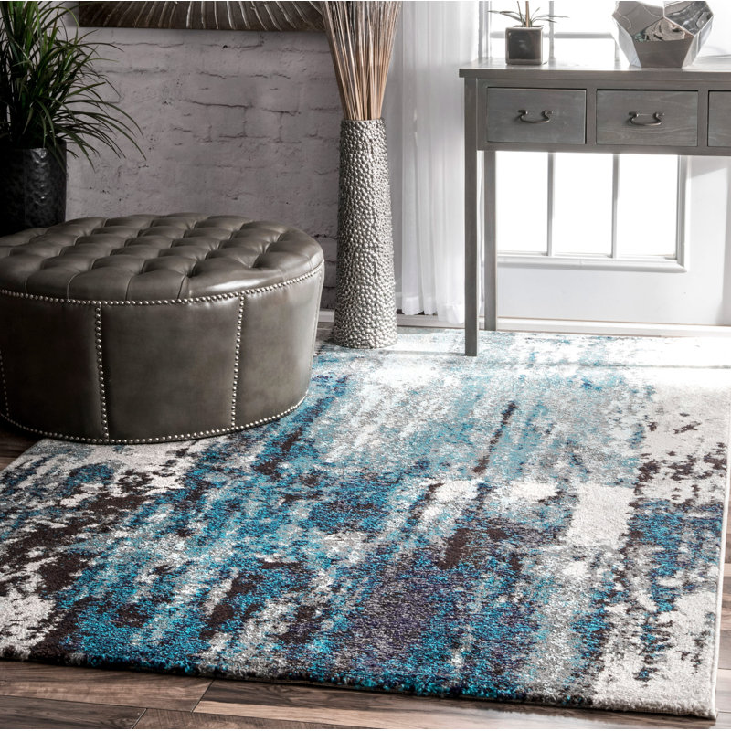 Elliott Abstract Power Loom Performance Blue/Gray Rug, Rectangle 9' x 12'