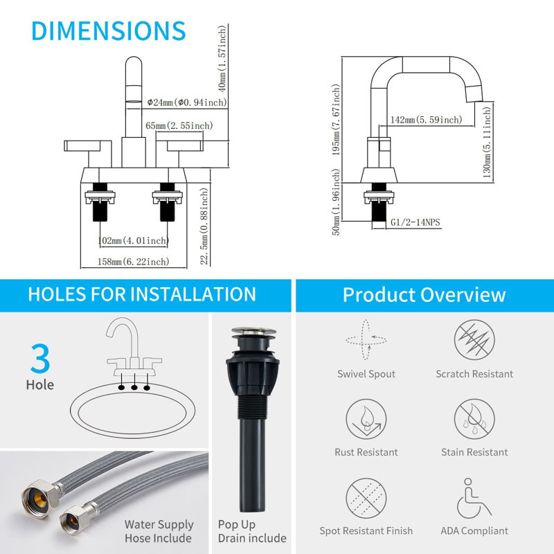 Centerset 2-handle Bathroom Faucet with Drain Assembly
