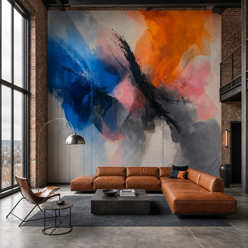 Papier peint amovible bleu et orange, 100 po x 96 po, Non tissé