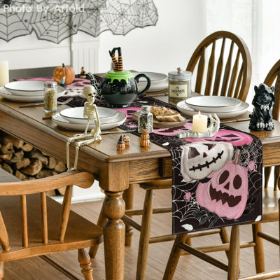 210 GSM Halloween Table Runner 13x72 Inch Home Party Decor | Pink Pumpkins Spider Web, Seasonal Kitchen Dining Table Decoration
