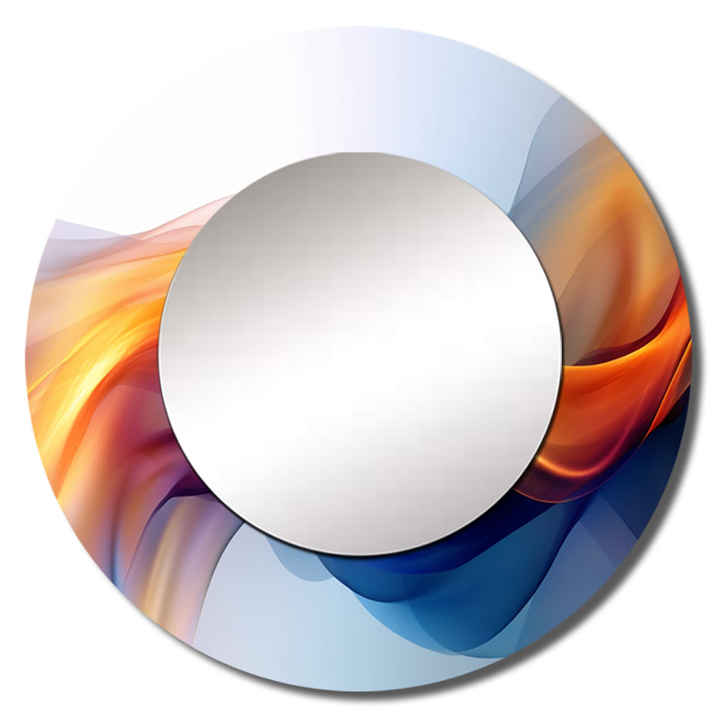 Orange bleu fractal fracture I - miroir de fractales, miroir mural rond unique moderne, art imprimé en métal, 23 po x 23 po