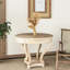 Table d'appoint ronde, style, petite taille, pieds courbés, aspect vieilli, bois naturel, 2 tiroirs de rangement, finition repas de style construction et placage de bois de sapin