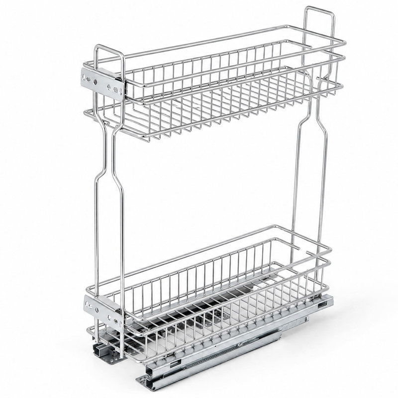 Organisateur de cuisine robuste à 2 niveaux escamotable - Support à épices coulissant chromé pour armoires sans cadre - Glissières à roulement à billes silencieuses - Convient aux bouteilles et aux pots - 5,7 pouces de large
