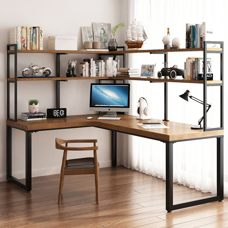 Bureau d'ordinateur en L en bois massif avec bibliothèque intégrée, H 70,87 po x l 62,99 po x P 47,24 po