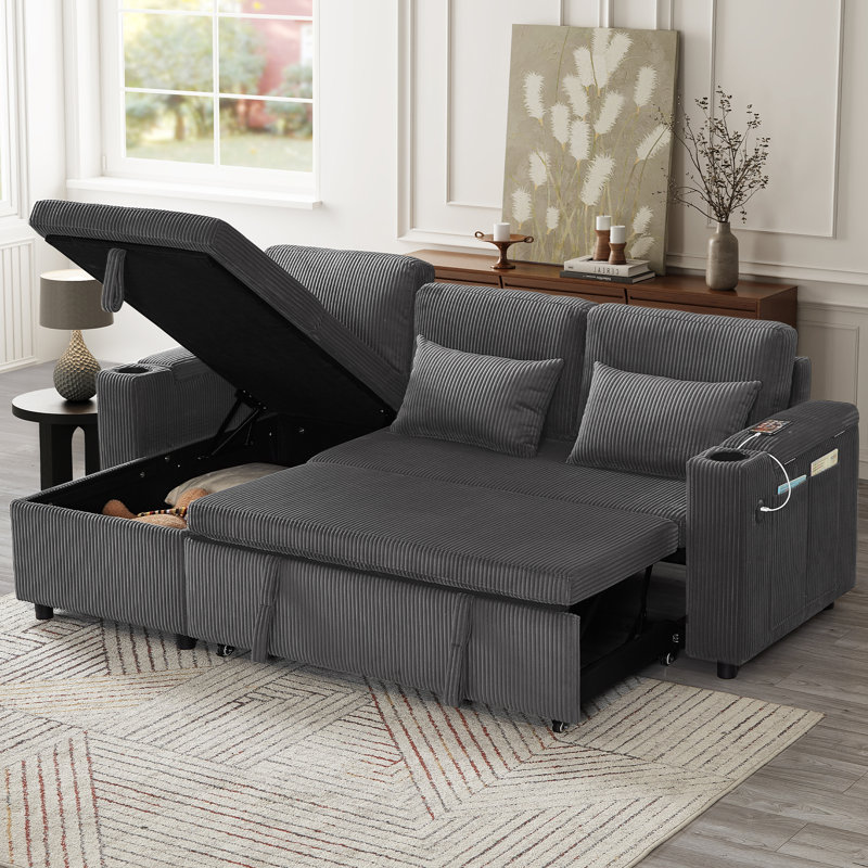 3 Seater Corduroy Sofa Bed, Grey